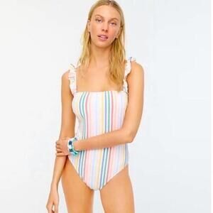 J. Crew Rainbow Striped Seersucker Ruffle Trim One-Piece Swimsuit Multi Size 8